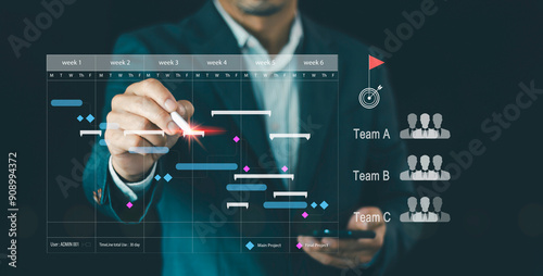 Project management scheduling concept, Presentation areas of knowledge, cost, time, scope, human resources, risks, quality, planning with tasks milestones to monitor progress updat and deliverables photo