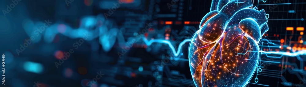 An abstract representation of a glowing heart with data visualization elements, showcasing health technology and innovation. An abstract representation of a glowing heart with data visualization elements, showcasing health technology and innovation.