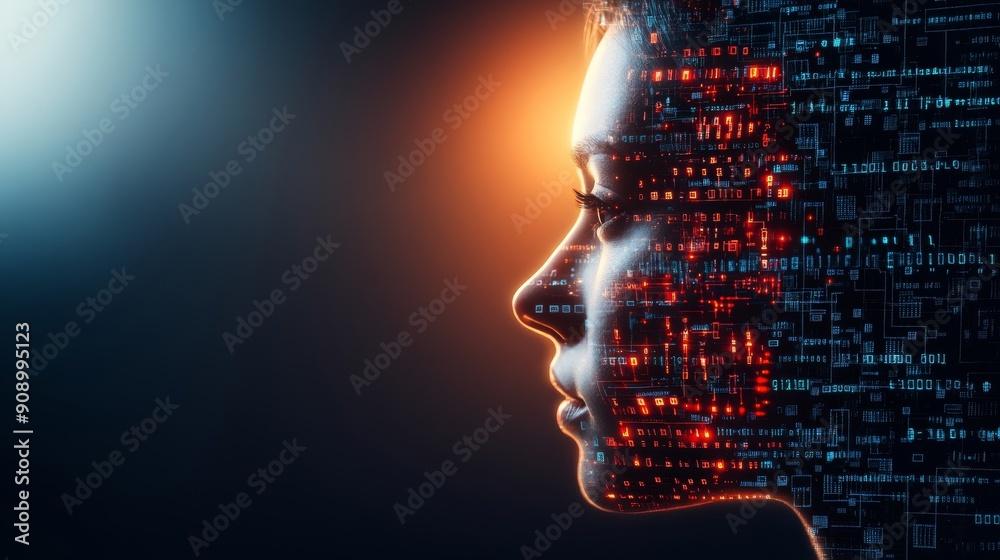 A digital portrait showcasing a woman's profile overlaid with vibrant data patterns, symbolizing technology and innovation. A digital portrait showcasing a woman's profile overlaid with vibrant data patterns, symbolizing technology and innovation.