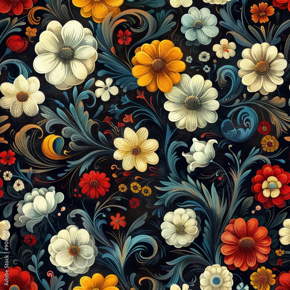 Floral Pattern with White, Yellow, and Red Flowers Floral Pattern with White, Yellow, and Red Flowers