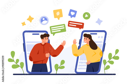 Online chat communication in social media mobile app. Two tiny people waving hands on phone screen, talk in messenger, dialogue of couple or friends in speech bubbles cartoon vector illustration