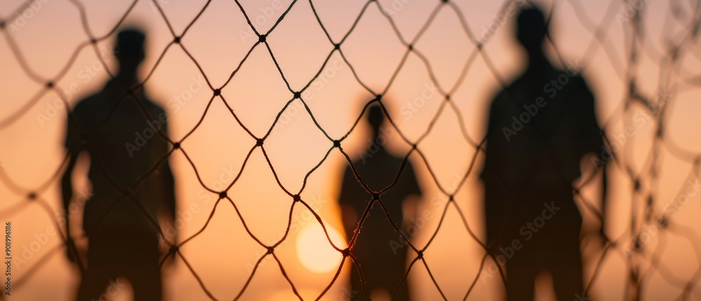 silhouettes of three people standing behind a wire fence at sunset, blurred background, hopeful and uncertain mood, depicting freedom, imprisonment, a silhouettes of three people standing behind a wire fence at sunset, blurred background, hopeful and uncertain mood, depicting freedom, imprisonment, a