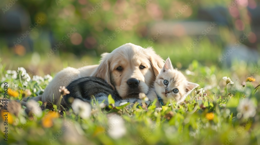 dog Golden Retriever Puppy and Kitten Cuddle in a Meadow dog Golden Retriever Puppy and Kitten Cuddle in a Meadow