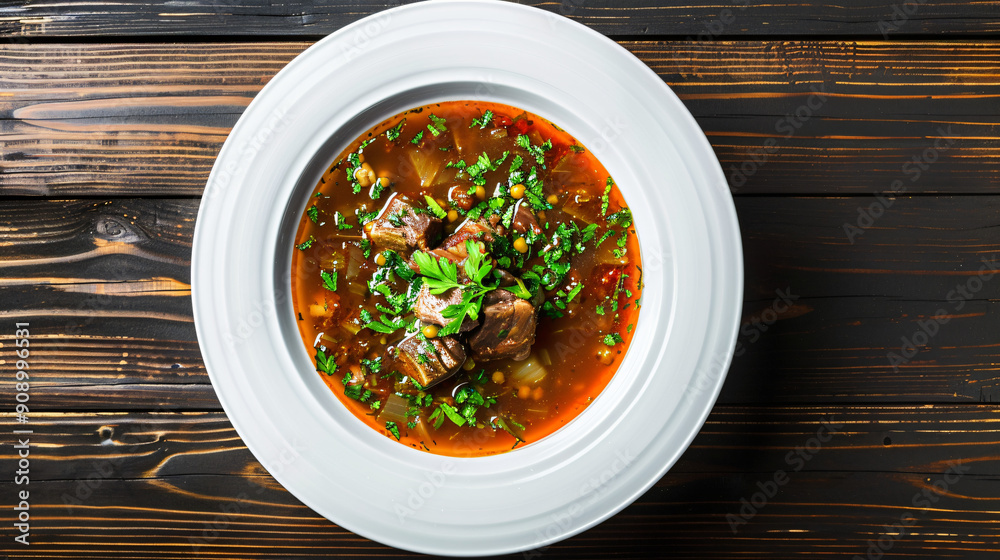 Savory beef soup with a fresh parsley garnish, presented in a rustic white bowl on a wooden tabletop Savory beef soup with a fresh parsley garnish, presented in a rustic white bowl on a wooden tabletop