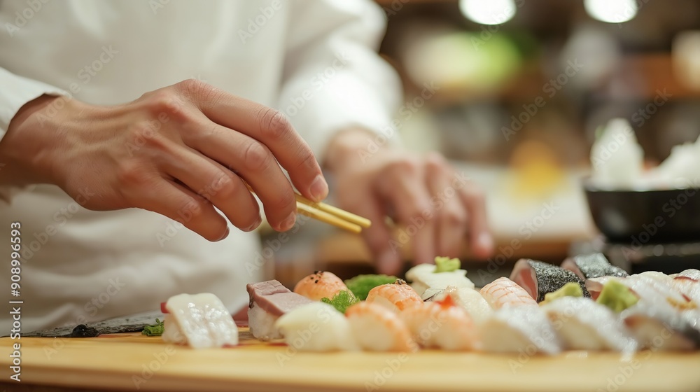 A chef carefully assembles colorful sushi rolls with precision and artistry