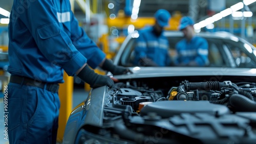 Wallpaper Mural automotive manufacturing worker inspecting car engine on assembly line - modern industrial production concept. Torontodigital.ca
