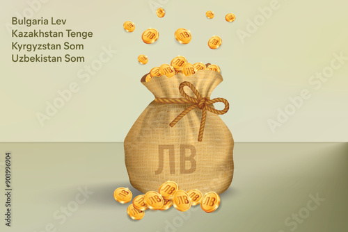 Lev, Tenge or Som Gold Coins Falling in Sack of Bag. Realistic 3D gold coins. Vector Illustration Concept for Savings, Casino, Fortune, Profit etc.