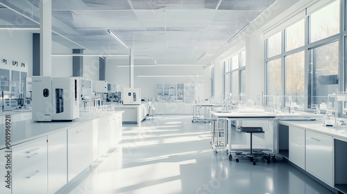 photo of a modern white laboratory interior with lab equipment and working tables