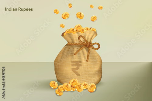 Indian Rupee Gold Coins Falling in Sack of Bag. Realistic 3D gold coins. Vector Illustration Concept for Savings, Casino, Fortune, Profit etc.