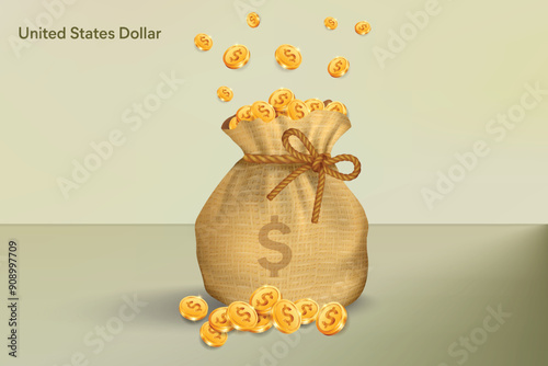 Dollar Gold Coins Falling in Sack of Bag. Realistic 3D gold coins. Vector Illustration Concept for Savings, Casino, Fortune, Profit etc.