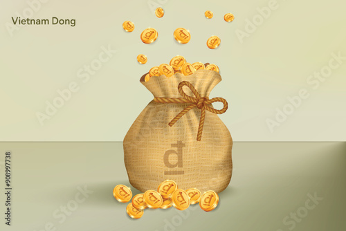 Vietnam Dong Gold Coins Falling in Sack of Bag. Realistic 3D gold coins. Vector Illustration Concept for Savings, Casino, Fortune, Profit etc.