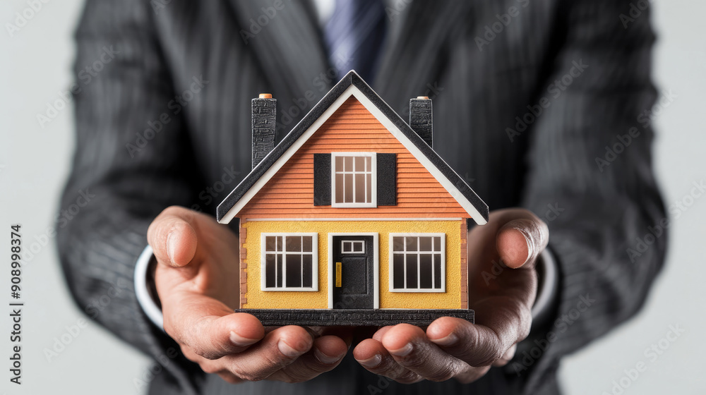 A hand is holding a miniature wooden house model that represents the concept of real estate A hand is holding a miniature wooden house model that represents the concept of real estate