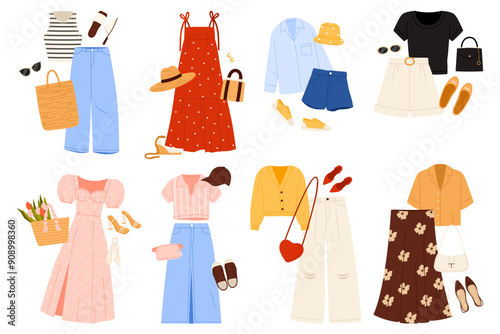 Summer women fashion outfit set. Casual female apparel collection with different stylish modern clothes and comfort shoes, accessory in bundle for fashionable young girl cartoon vector illustration
