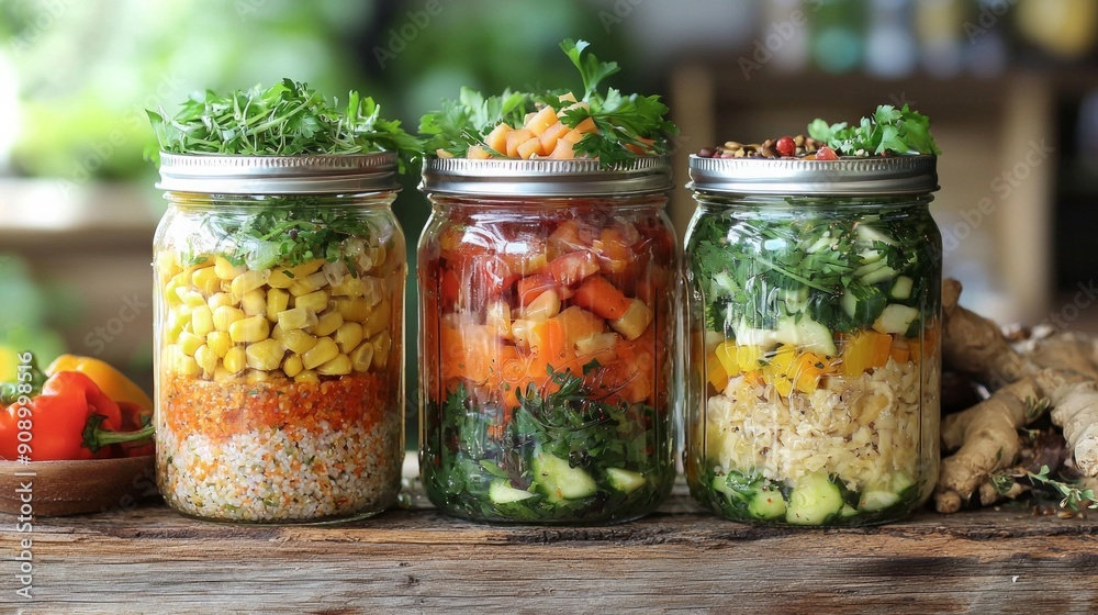 Three glass jars with layering various vegan salads for healthy lunch. The concept of fitness and vegetarian food. Three glass jars with layering various vegan salads for healthy lunch. The concept of fitness and vegetarian food.