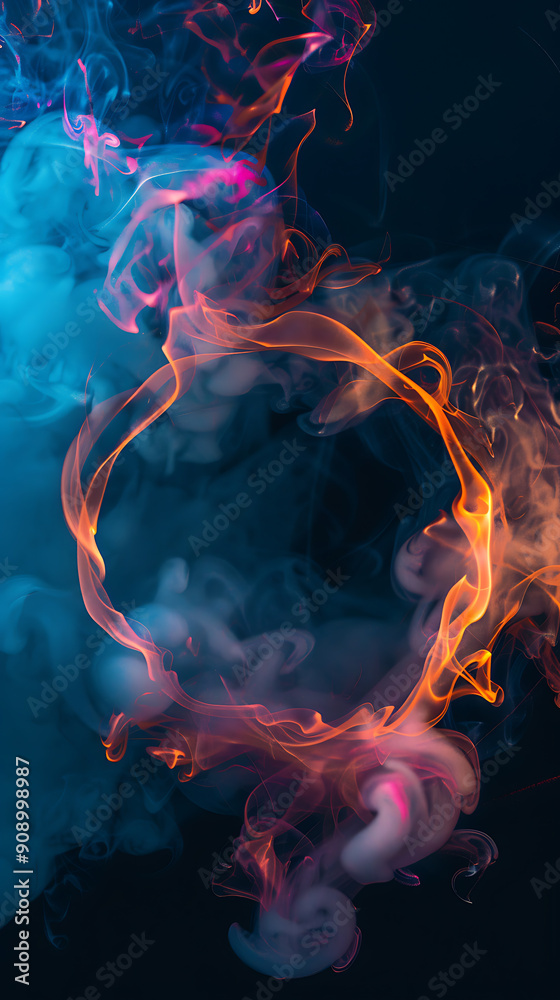 Abstract blue, orange and pink smoke swirls create a dynamic and ...