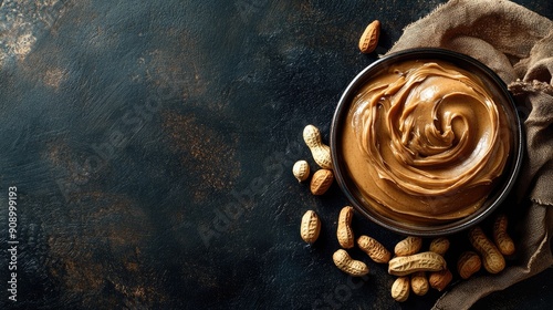 Flat lay of a bowl filled with smooth peanut butter and a handful of peanuts on a table, showcasing rich texture with space for text photo