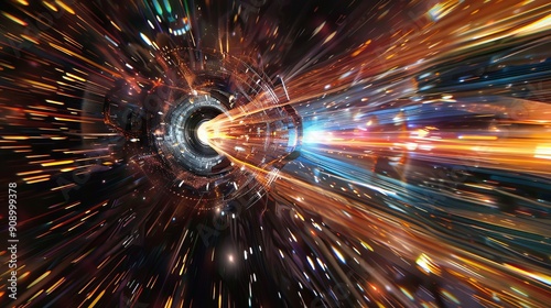 A dramatic depiction of warp-speed travel through a vibrant interstellar vortex, portraying the thrill and adventure of space exploration with bright colors and light streaks.