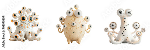 Three creepy looking monsters with big eyes and weird faces