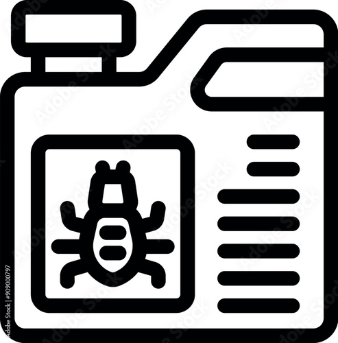 Black and white icon of an insecticide bottle showing a dead bug, ideal for representing pest control
