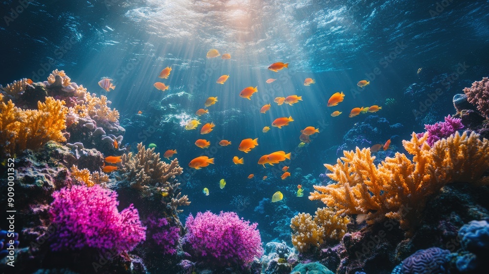 A close-up shot of a colorful tropical coral reef teeming with diverse marine life, including vibrant fish, coral formations, and sea turtles, showcasing the rich underwater biodiversity in
