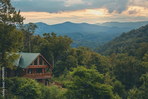 Wooden mountain cabin is nestled in trees overlooking the sunset over the blue ridge mountains