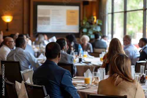 Business people sitting at round tables, attending a presentation in a conference room