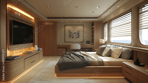 Interior modern bed room concept design with wood panel