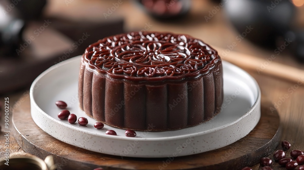 A red bean paste mooncake with a delicate floral pattern on top. Position it on a white porcelain plate with a few red beans scattered artistically around it. Use soft, diffused lighting to create a A red bean paste mooncake with a delicate floral pattern on top. Position it on a white porcelain plate with a few red beans scattered artistically around it. Use soft, diffused lighting to create a