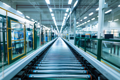 Empty conveyor belt is steadily moving through a state of the art automated high tech factory  showcasing the advanced manufacturing processes and industrial technology in action