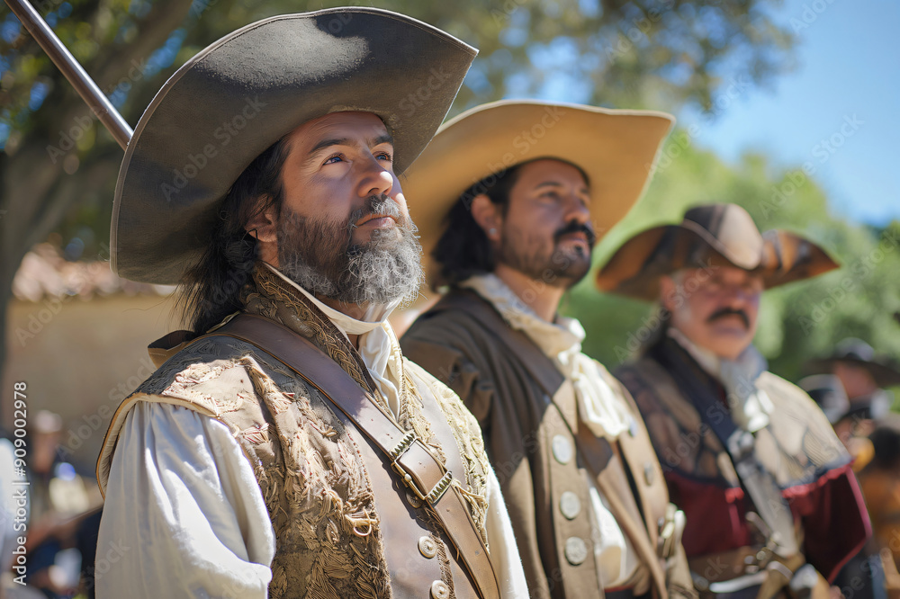 Three actors wearing 17th century costumes are posing during a historical reenactment Three actors wearing 17th century costumes are posing during a historical reenactment