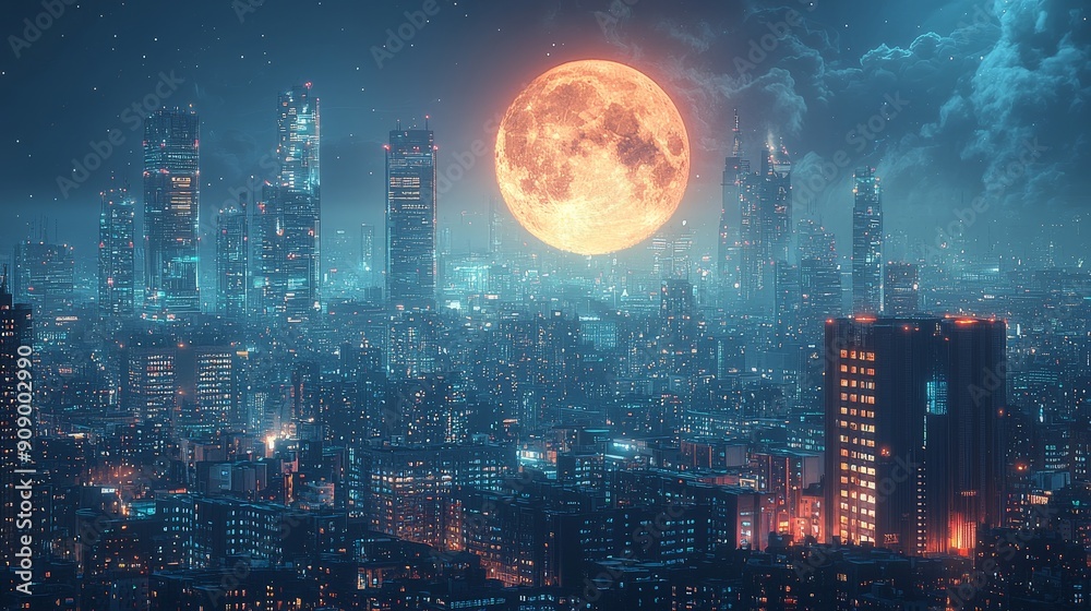 Design a futuristic cityscape under a full moon, reminiscent of a sci-fi thriller. The moon is partially hidden behind sleek, towering skyscrapers with neon lights reflecting off their surfaces. Use Design a futuristic cityscape under a full moon, reminiscent of a sci-fi thriller. The moon is partially hidden behind sleek, towering skyscrapers with neon lights reflecting off their surfaces. Use
