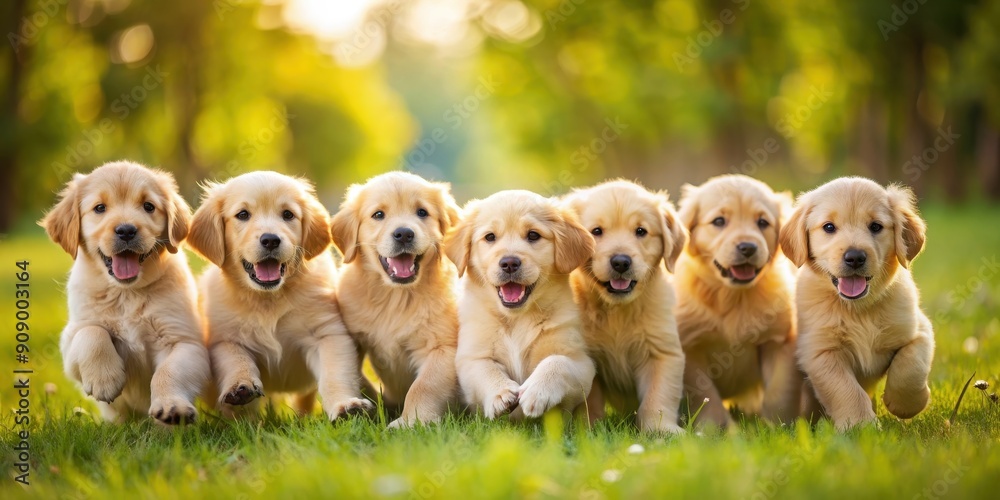 Adorable golden retriever puppies playing together in a grassy field , pets, dogs, puppies, cute, playful, golden retriever