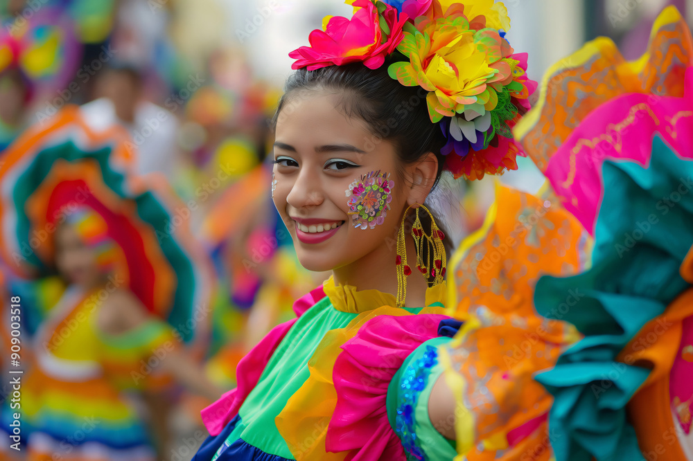 Young woman is smiling while wearing a colorful dress and floral headdress during a hispanic heritage month parade Young woman is smiling while wearing a colorful dress and floral headdress during a hispanic heritage month parade