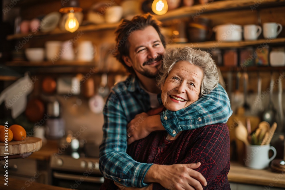 Adult son is hugging his smiling senior mother in their kitchen while they both look at the camera Adult son is hugging his smiling senior mother in their kitchen while they both look at the camera