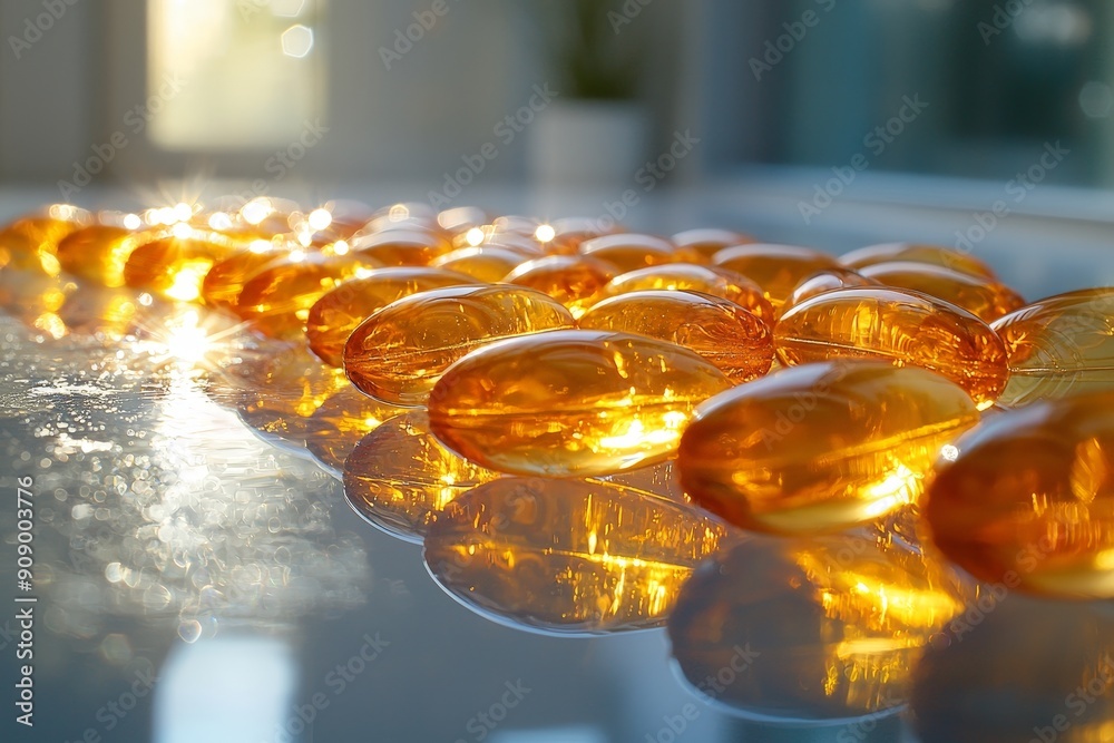 A sleek composition of omega-3 fish oil capsules, reflecting warm light to showcase their golden hue, placed on a reflective surface to convey purity and health benefits A sleek composition of omega-3 fish oil capsules, reflecting warm light to showcase their golden hue, placed on a reflective surface to convey purity and health benefits
