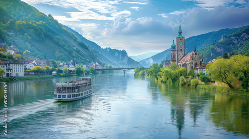 A riverboat cruises past a historic church in a scenic valley, surrounded by lush greenery and charming village buildings.