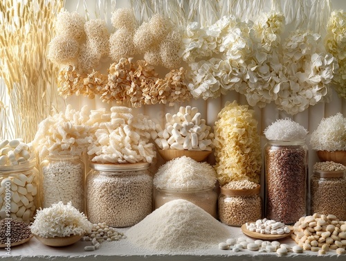 An artistic arrangement of psyllium husk and other fiber-rich supplements, softly lit to create a sense of natural wellness and digestive health, with a focus on texture and detail photo