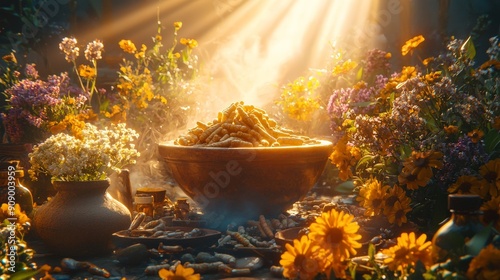 An enchanting scene of herbal extracts like ginseng and turmeric, bathed in warm, golden light to evoke a sense of ancient wisdom and natural healing photo