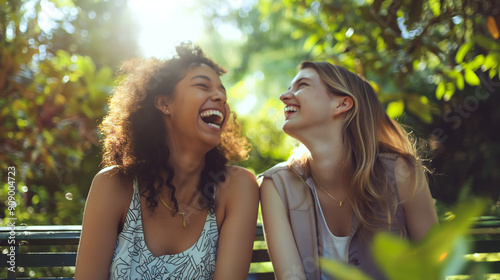 Happy Friends Laughing Together, Joyful Outdoor Moment, Sunlit Park Scene