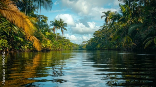 Tropical river surrounded by a lush forest. Costa Rica landscape