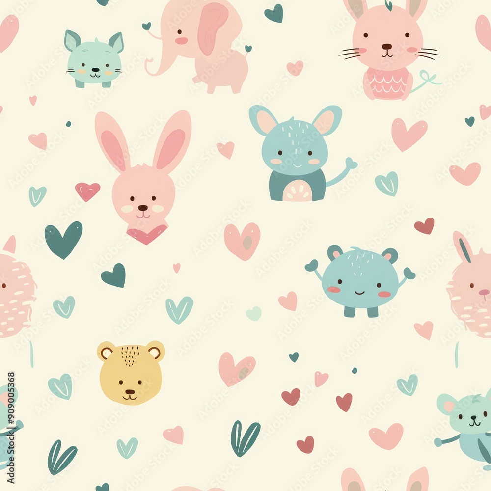 Whimsical Pastel Animals with Tiny Hearts Seamless Pattern for Girly Designs Whimsical Pastel Animals with Tiny Hearts Seamless Pattern for Girly Designs