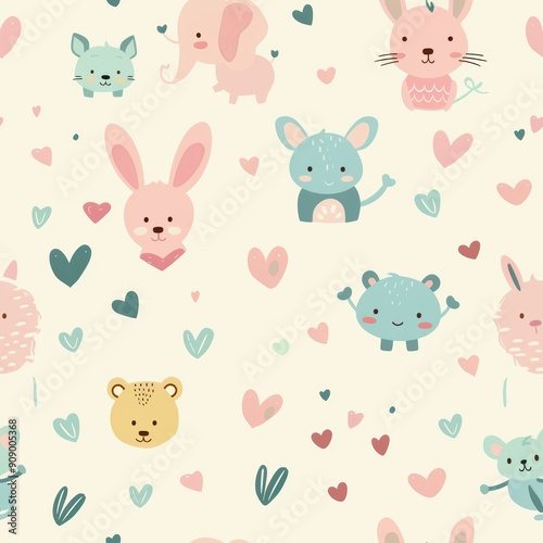 Whimsical Pastel Animals with Tiny Hearts Seamless Pattern for Girly Designs