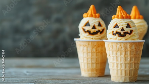 Pumpkin ice cream sculptures at a Halloween festival, creative and festive art photo