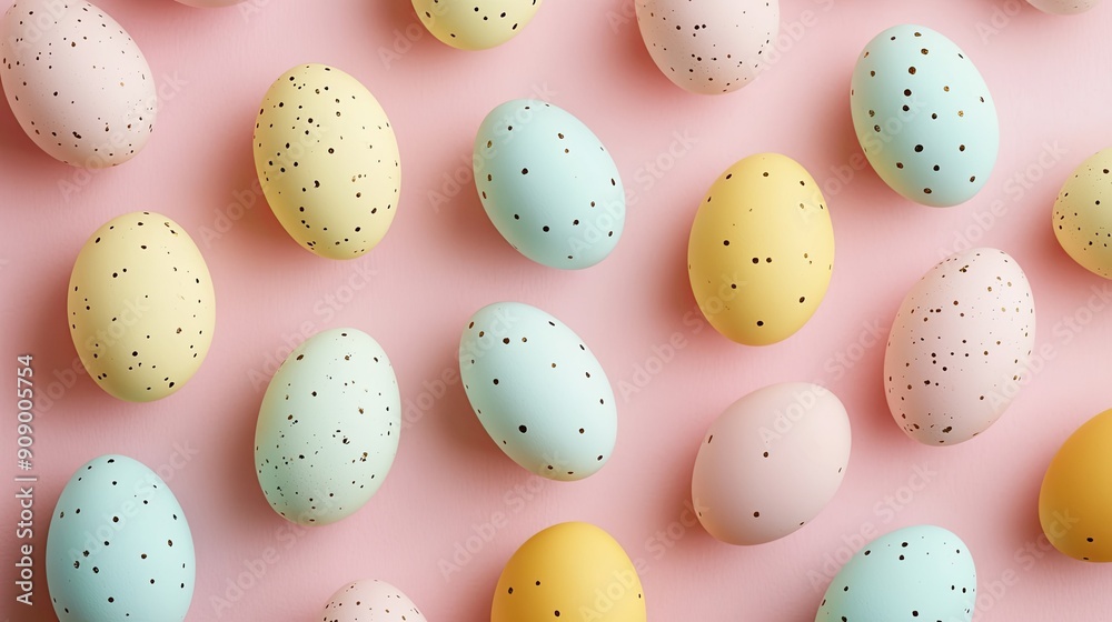 Top view of pastel-colored Easter eggs arranged in a soft pattern with ample copy space, perfect for holiday-themed designs and messages Top view of pastel-colored Easter eggs arranged in a soft pattern with ample copy space, perfect for holiday-themed designs and messages