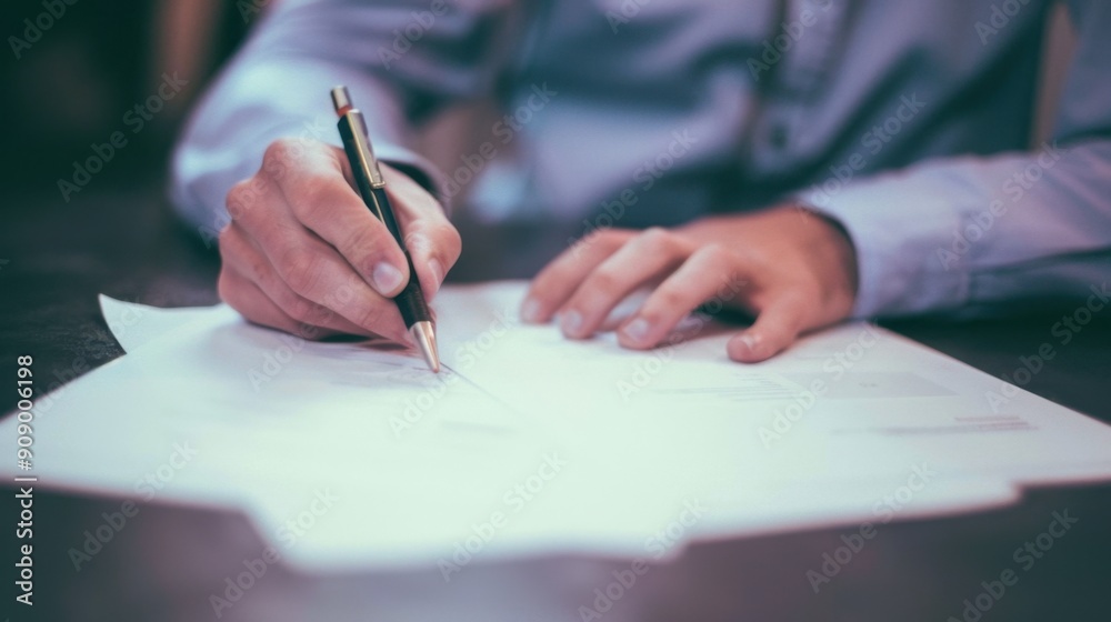 Close-up of a person signing important documents with a pen in a professional setting, highlighting business and office work. Close-up of a person signing important documents with a pen in a professional setting, highlighting business and office work.