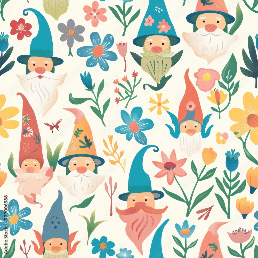 Fototapeta premium Whimsical Pastel Garden Gnomes and Flowers Seamless Pattern for Spring Decor