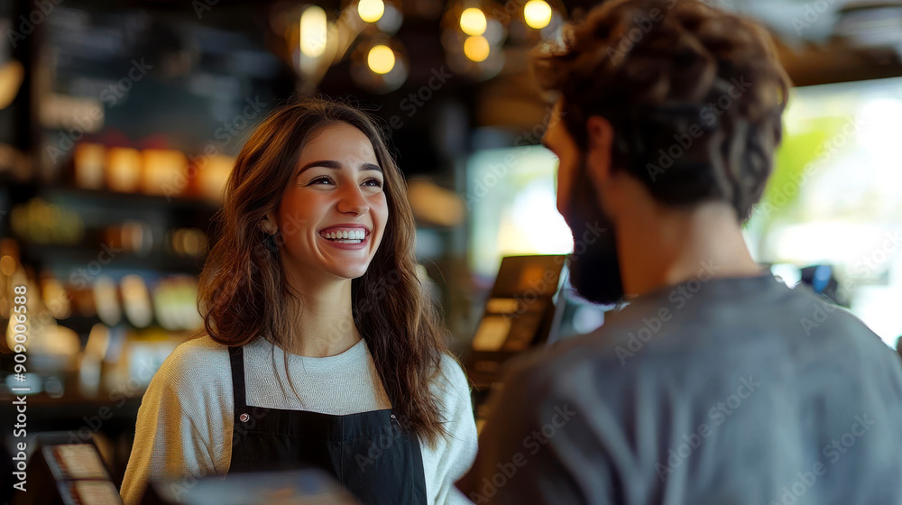 A joyful interaction between a barista and a customer in a cozy cafe setting, showcasing warmth and friendly service. A joyful interaction between a barista and a customer in a cozy cafe setting, showcasing warmth and friendly service.