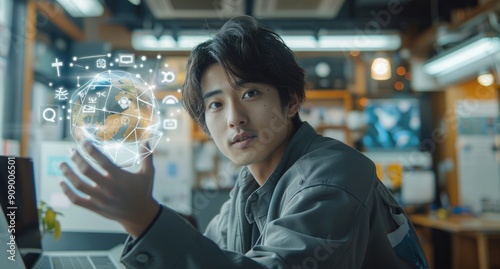 A young Japanese man is sitting at the desk, holding up an earth with icons of global network and business data floating above it, convey a sense of innovation and technology use for online marketing.