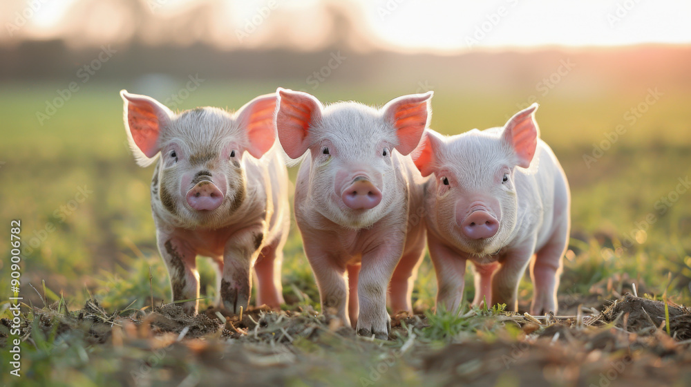 Cute piglets standing close together in a sunny field, looking directly at the camera with curiosity. Cute piglets standing close together in a sunny field, looking directly at the camera with curiosity.