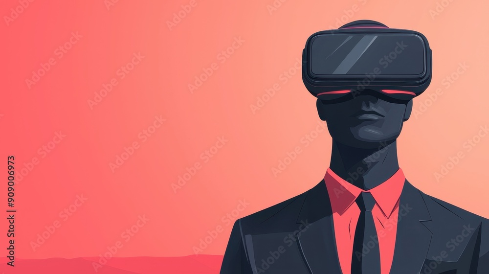 A modern businessman wearing a virtual reality headset, immersed in digital innovation against a vibrant background.